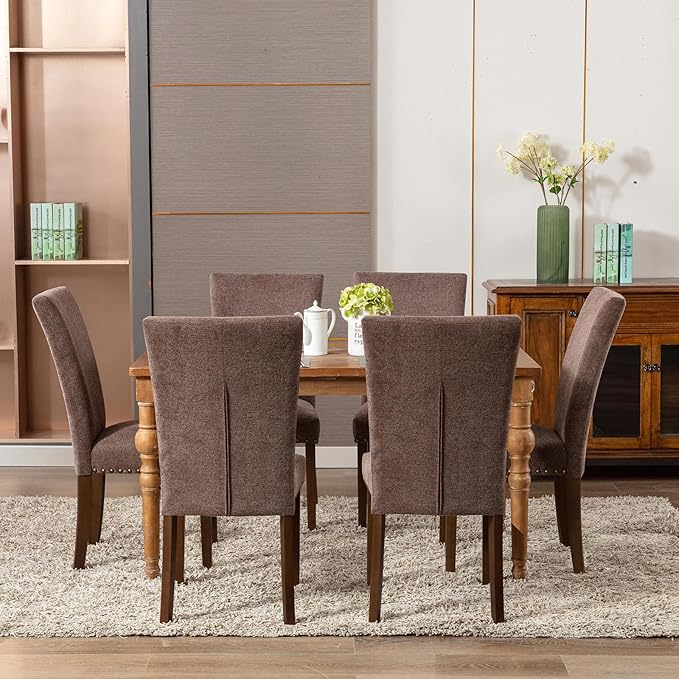COLAMY Upholstered Parsons Dining Chairs Set of 4, Fabric Dining Room Kitchen Side Chair with Nailhead Trim and Wood Legs - Brown - LeafyLoom