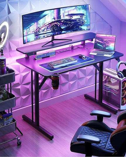 MOTPK Small Gaming Desk with LED Lights & Power Outlets, 31 Inch Computer Desk Gaming Table with Monitor Shelf, Gamer Desk with Carbon Fiber Texture, Kids Boys Desk Gift for Men - LeafyLoom