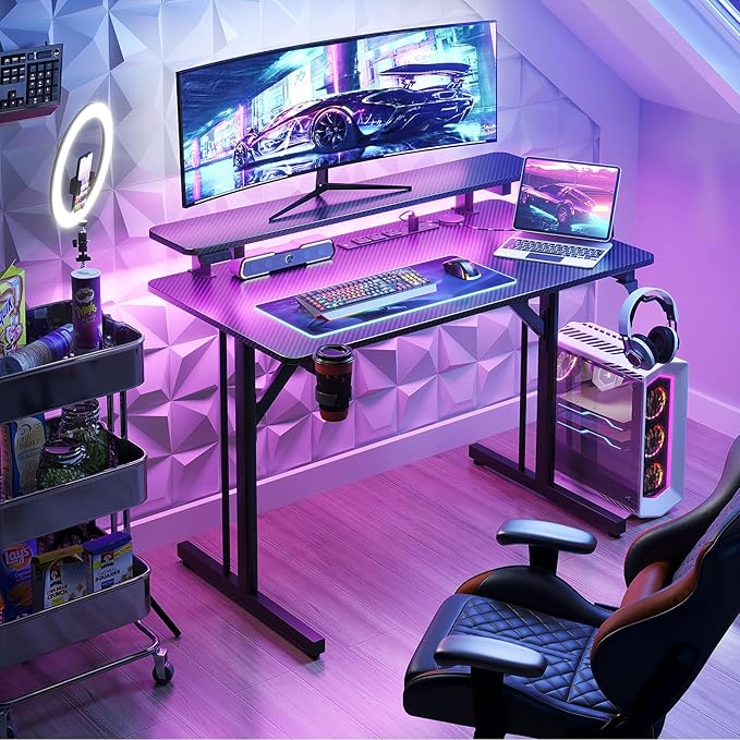 MOTPK Small Gaming Desk with LED Lights & Power Outlets, 31 Inch Computer Desk Gaming Table with Monitor Shelf, Gamer Desk with Carbon Fiber Texture, Kids Boys Desk Gift for Men - LeafyLoom