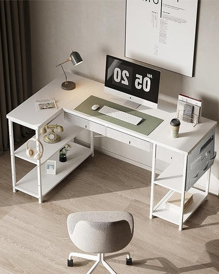 Ｍａｉｈａｉｌ Home Office Desk with Drawers and Shelves, 55” Computer Corner Desk for Small Space, Small L Shaped Desk with Side Storage for Bedroom, White - LeafyLoom