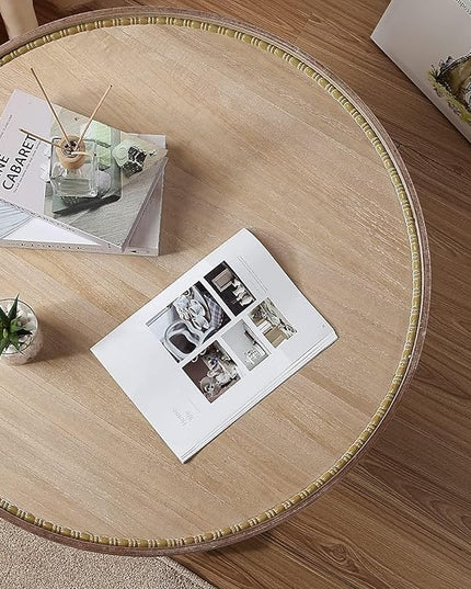 Wnutrees Farmhouse Round Coffee Table,Wood Tray Top Circle Coffee Table with Storage Shelf Rustic Style for Living Room and Vintage Finish,White - LeafyLoom