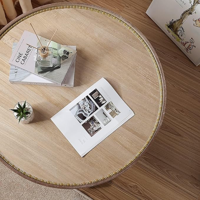 Wnutrees Farmhouse Round Coffee Table,Wood Tray Top Circle Coffee Table with Storage Shelf Rustic Style for Living Room and Vintage Finish,White - LeafyLoom