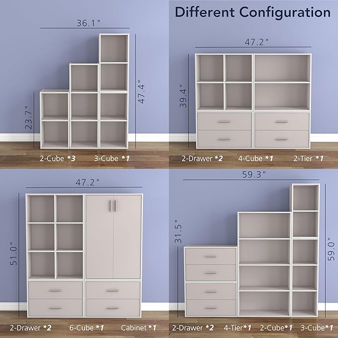 Apexa 4 Cube Storage Organizer Shelves, Stackable Wood Bookcase Fits Cubby Bins for Organization, Dorm Teen Room Decor & Home Office, Greige - LeafyLoom