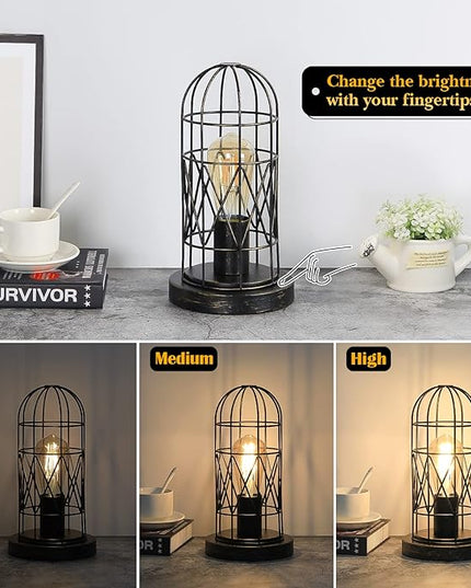 Industrial Table Lamp, Small Touch Lamp with Rustic Cage Vintage Bedside Lamp 3 Way Dimmable Nightstand Lamp Edison Desk Lamp for Bedroom, Living Room, Hallway, Entryway, Kitchen, 4W LED Bulb Included - LeafyLoom