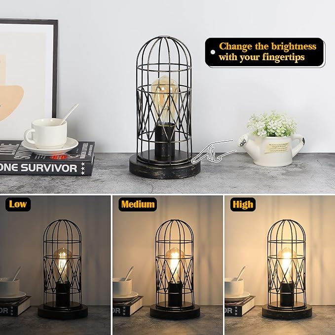 Industrial Table Lamp, Small Touch Lamp with Rustic Cage Vintage Bedside Lamp 3 Way Dimmable Nightstand Lamp Edison Desk Lamp for Bedroom, Living Room, Hallway, Entryway, Kitchen, 4W LED Bulb Included - LeafyLoom