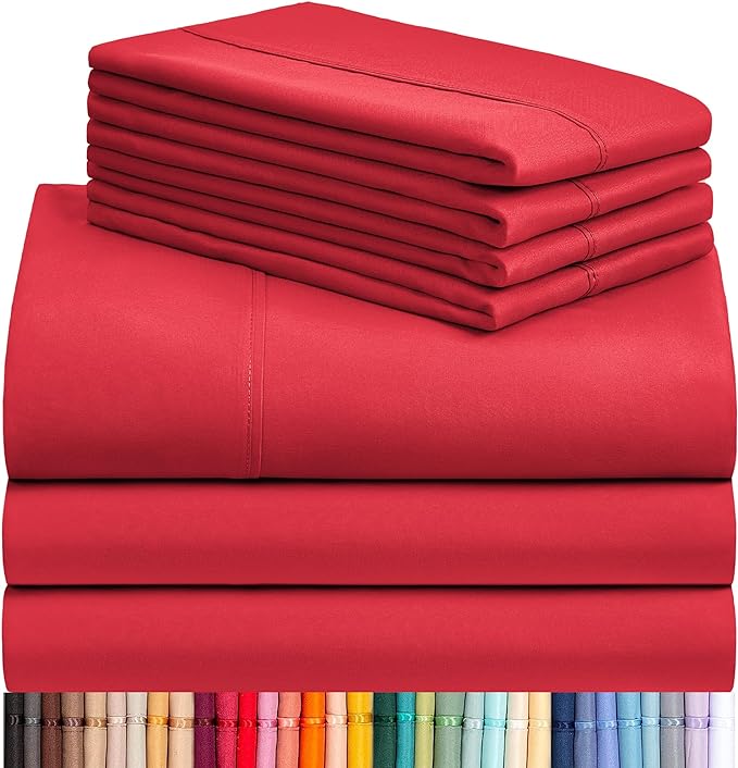 LuxClub 7 PC Split King Sheet Set, Breathable Luxury Bed Sheets, Deep Pockets 18" Eco Friendly Wrinkle Free Cooling Sheets Machine Washable Hotel Bedding Silky Soft - Red Split King - LeafyLoom