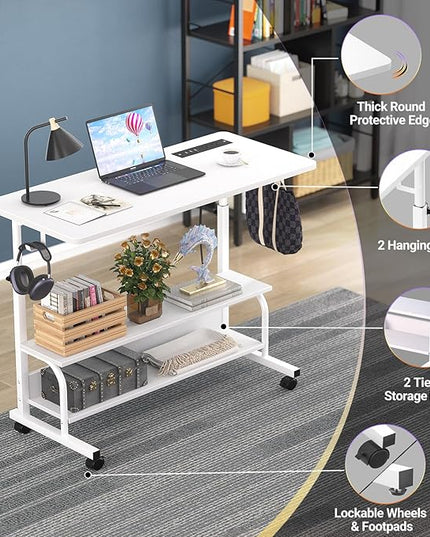 Height Adjustable Standing Desk with Power Outlets, 32" Manual Stand Up Desk with Storage Shelves Small Mobile Rolling Computer Desk Portable Laptop Table with Wheels for Home Office, White - LeafyLoom