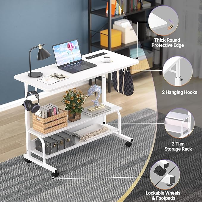 Height Adjustable Standing Desk with Power Outlets, 32" Manual Stand Up Desk with Storage Shelves Small Mobile Rolling Computer Desk Portable Laptop Table with Wheels for Home Office, White - LeafyLoom