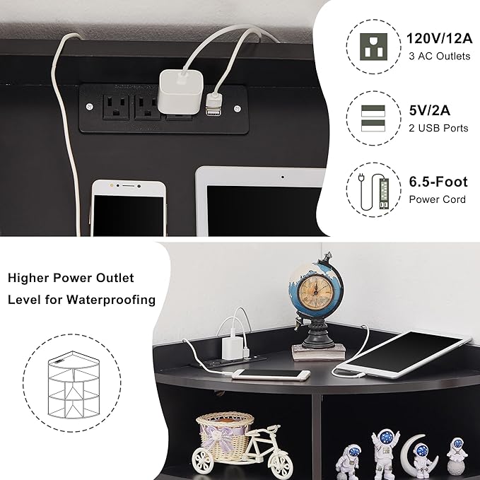 Vecelo 3-Tier Corner Cabinet with USB Outlet, 8 Cubbies Wooden Cube Storage Organizer, Corner Bookshelf Units for Playroom, Bedroom, Living Room, Black - LeafyLoom