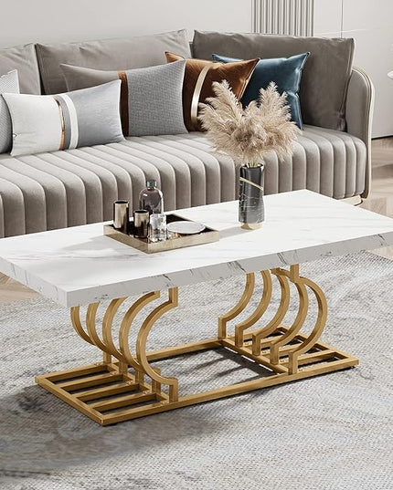 Tribesigns Modern Coffee Table, 47 Inch Faux Marble Cocktail Table with Geometric Frame, Rectangular Center Table Tea Table Accent Furniture for Living Room, Simple Assembly (White/Gold) - LeafyLoom