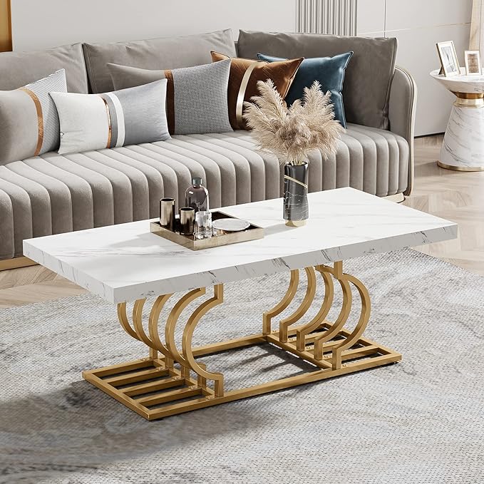 Tribesigns Modern Coffee Table, 47 Inch Faux Marble Cocktail Table with Geometric Frame, Rectangular Center Table Tea Table Accent Furniture for Living Room, Simple Assembly (White/Gold) - LeafyLoom