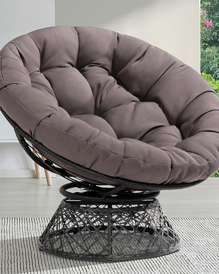Bme 40" Ergonomic Wicker Papasan Chair with Soft Thick Density Fabric Cushion, High Capacity Steel Frame, 360 Degree Swivel for Living, Bedroom, Reading Room, Lounge, Smoky Quartz - Black Base - LeafyLoom