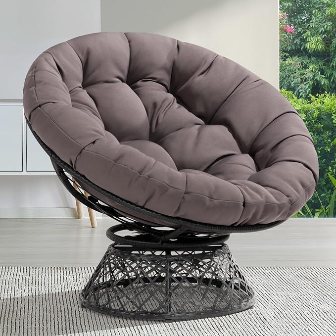 Bme 40" Ergonomic Wicker Papasan Chair with Soft Thick Density Fabric Cushion, High Capacity Steel Frame, 360 Degree Swivel for Living, Bedroom, Reading Room, Lounge, Smoky Quartz - Black Base - LeafyLoom