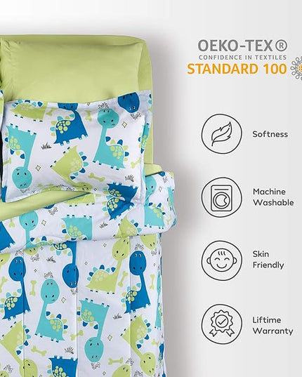 SLEEP ZONE Kids Bedding Comforter Set Full/Queen Size - Super Cute & Soft Kids Bedding 7 Pieces Set with Comforter, Sheet, Pillowcase & Sham (Cute Dino) - LeafyLoom