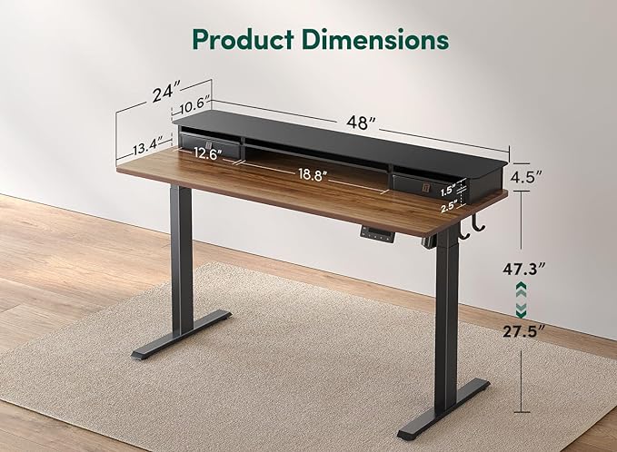 FEZIBO 48 x 24 Inch Height Adjustable Glass Electric Standing Desk with Double Drawer, Stand Up Desk with Storage Shelf, Sit Stand Desk, Black Walnut - LeafyLoom