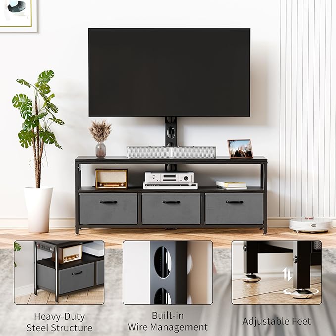 JUSTOGO TV Stand with Mount and Power Outlet, TV Stand Mount with Storage for Living Room, Entertainment Center with LED Lights for 45/55/60/65 inch TVs, Height Adjustable Media Console, Black - LeafyLoom
