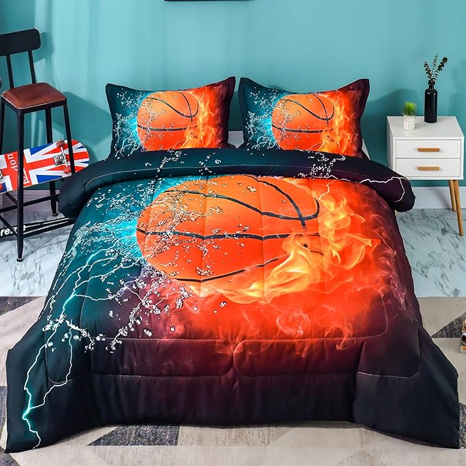 Andency Basketball Comforter Full (79x90 Inch), 3 Pieces(1 Basketball Comforter, 2 Pillowcases) Sport Microfiber Basketball Comforter Set Bedding Set for Kids Boys Girls Teens - LeafyLoom
