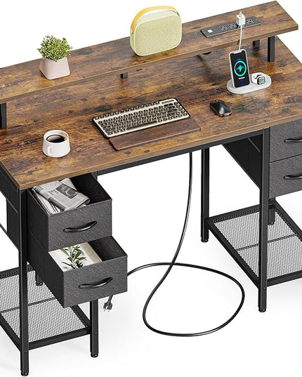 47 inch Computer Desk with 4 Drawers, Gaming Desk with LED Lights & Power Outlets, Home Office Desk with Large Storage Space for Bedroom, Work from Home, Rustic Brown - LeafyLoom