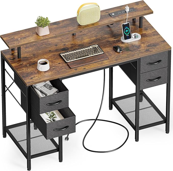 47 inch Computer Desk with 4 Drawers, Gaming Desk with LED Lights & Power Outlets, Home Office Desk with Large Storage Space for Bedroom, Work from Home, Rustic Brown - LeafyLoom