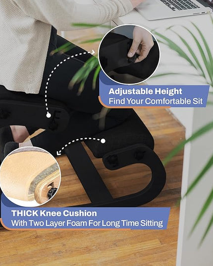 Ergonomic Kneeling Chair - Adjustable Rocking Posture Wooden Office Chair for Back Pain Relief - Kneeling Stool and Angled Chair for Home (Casual, Black) - LeafyLoom