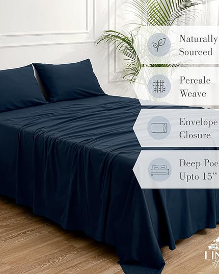 Linen Home Washed Cotton Percale King Sheet Set, Navy Blue, Deep Pocket, 4 Pieces Bed Sheets - 1 Flat Sheet, 1 Fitted Sheet & 2 Envelope Closure Pillowcases, Cool and Comfortable Bed Linen - LeafyLoom