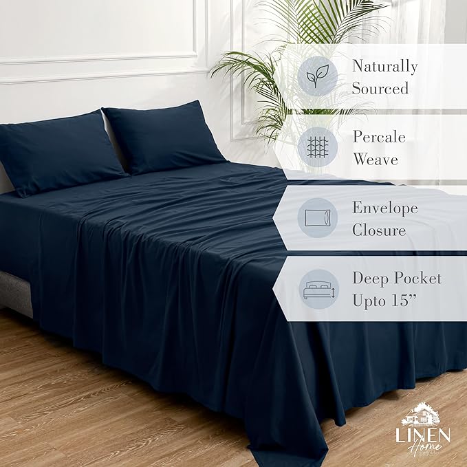 Linen Home Washed Cotton Percale King Sheet Set, Navy Blue, Deep Pocket, 4 Pieces Bed Sheets - 1 Flat Sheet, 1 Fitted Sheet & 2 Envelope Closure Pillowcases, Cool and Comfortable Bed Linen - LeafyLoom