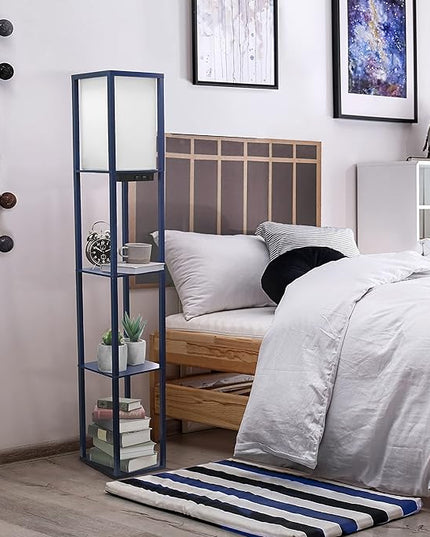 Simple Designs LF1037-NAV Floor Lamp Etagere Organizer Storage Shelf with 2 USB Charging Ports, 1 Charging Outlet and Linen Shade, Navy Blue - LeafyLoom