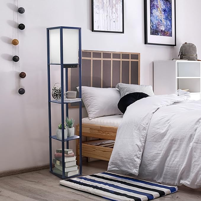 Simple Designs LF1037-NAV Floor Lamp Etagere Organizer Storage Shelf with 2 USB Charging Ports, 1 Charging Outlet and Linen Shade, Navy Blue - LeafyLoom