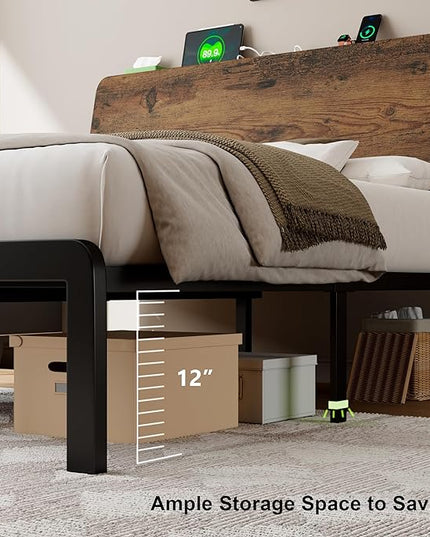 Feonase Queen Size Bed Frame with Ergonomic Storage Headboard & Charging Station, LED Platform Bed Frame, Heavy Duty Metal Slats, No Box Spring Needed, Easy Assembly, Rustic - LeafyLoom