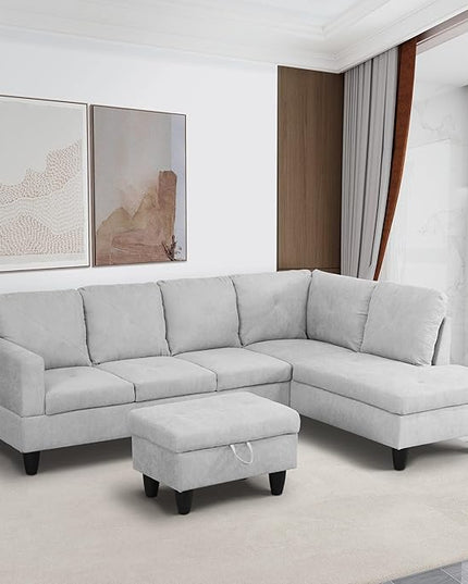 97'' L-Shaped Sectional Sofas with 66.5'' Chaise Lounge and Storage Ottoman, 3-Piece Flannelette Modular Large Living Room Couches for Home Office, Living Furniture Right Hand Face(Grey White) - LeafyLoom