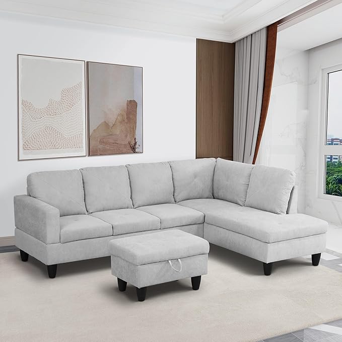 97'' L-Shaped Sectional Sofas with 66.5'' Chaise Lounge and Storage Ottoman, 3-Piece Flannelette Modular Large Living Room Couches for Home Office, Living Furniture Right Hand Face(Grey White) - LeafyLoom