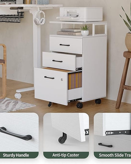 FEZIBO File Cabinet with Lock for Home Office, 3-Drawer Rolling Filing Cabinet, Home Office File Cabinet for A4/Letter/Legal Size, Printer Stand, Wooden Storage Cabinet, White - LeafyLoom