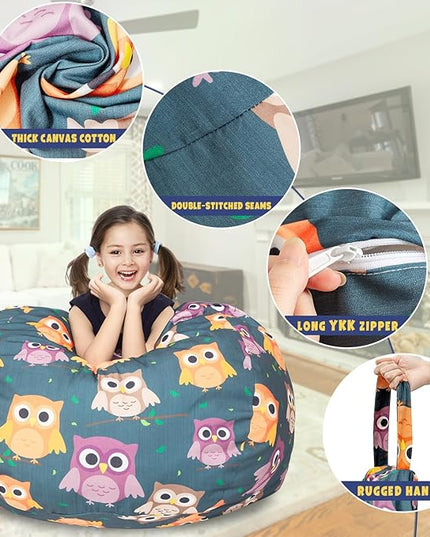Stuffed Animal Storage Bean Bag Chair Cover, Hold Kids Plush Toys Blankets Towels Beanbag (Cover Only), Canvas Floor Circle Stuff Sit Seat Sofa with YKK Zipper, Extra Large 38", Owl - LeafyLoom