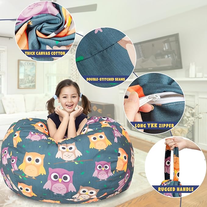 Stuffed Animal Storage Bean Bag Chair Cover, Hold Kids Plush Toys Blankets Towels Beanbag (Cover Only), Canvas Floor Circle Stuff Sit Seat Sofa with YKK Zipper, Extra Large 38", Owl - LeafyLoom