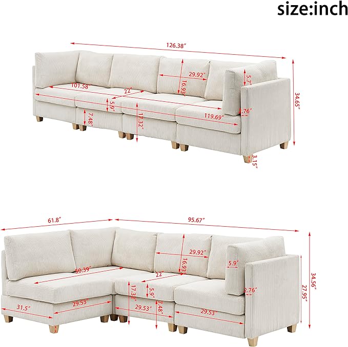 Free Combination Convertible Modular Sectional Sofa with Movable Ottoman, L Shaped Reversible Sleeper Corner Couch with Solid Wood Legs, Comfy Corduroy Upholstered Sofa&Couches for Living Room - LeafyLoom