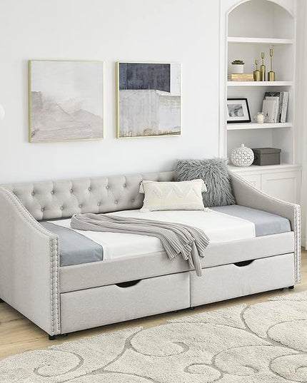 Twin Size Daybed with 2 Storage Drawers,Linen Upholstered Sofa Bed W/Button on Back & Copper Nail on Waved Shape Armrests,No Spring Box Need,Wood Bedframe for Living Room Bedroom Dorm,Beige - LeafyLoom