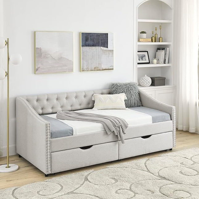 Twin Size Daybed with 2 Storage Drawers,Linen Upholstered Sofa Bed W/Button on Back & Copper Nail on Waved Shape Armrests,No Spring Box Need,Wood Bedframe for Living Room Bedroom Dorm,Beige - LeafyLoom