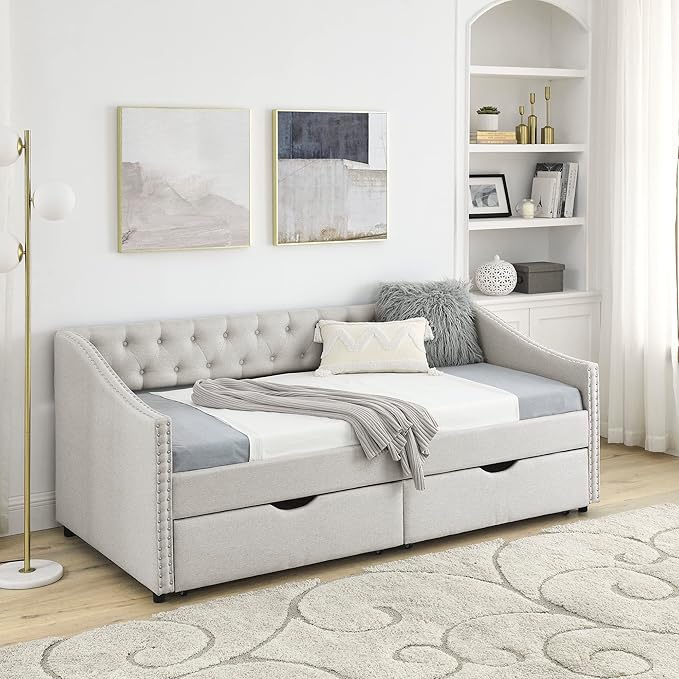 Twin Size Daybed with 2 Storage Drawers,Linen Upholstered Sofa Bed W/Button on Back & Copper Nail on Waved Shape Armrests,No Spring Box Need,Wood Bedframe for Living Room Bedroom Dorm,Beige - LeafyLoom