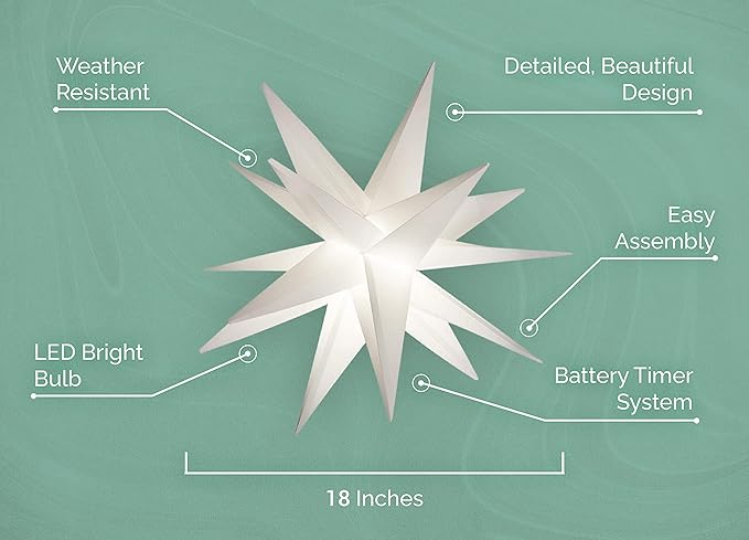 Elf Logic Large 18” Easy Assembly Warm White LED Moravian Star - Hanging Outdoor Christmas Light - Use as Holiday Decoration, Porch Light, 3D Fixture, Advent Star, Wedding & Ballroom Venue Decor - LeafyLoom