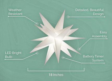 Elf Logic 18" Easy Assembly, Battery Timer White LED Moravian Star - Hanging Outdoor Christmas Star Light - Use as Holiday Decoration, Porch Light, Advent Star, Wedding and Ballroom Venue Decor - LeafyLoom