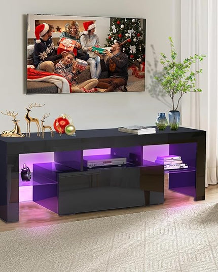 LED TV Stand for Televisions up to 55 inches, Entertainment Center and Media Console with Storage Drawers and Glass Shelves for Living Room, Bedroom - LeafyLoom