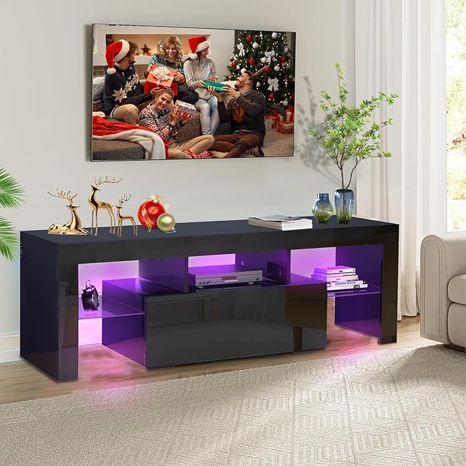 LED TV Stand for Televisions up to 55 inches, Entertainment Center and Media Console with Storage Drawers and Glass Shelves for Living Room, Bedroom - LeafyLoom