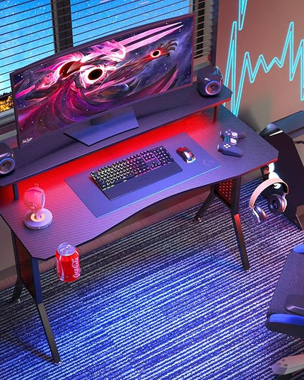 Gaming Desk with Power Outlets & LED Strip Lights,Computer Desk with Large Monitor Stand, Gamer Workstation with Stylish Metal Legs,Headphone Hook&Cup Holder for Home Office - LeafyLoom