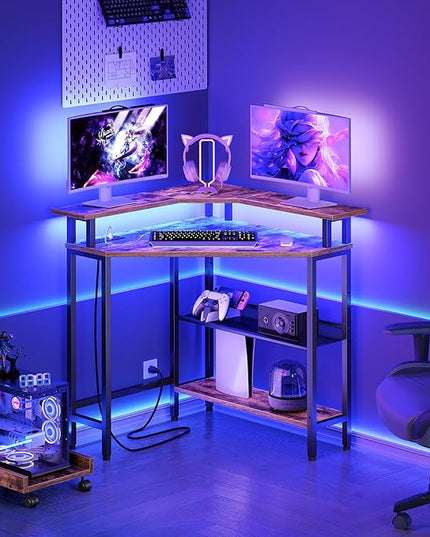 HOOBRO Corner Desk, Gaming Table with Charging Station and LED Strip, 90° Corner Computer Table, Mobile PC Holder, Adjustable Mesh Shelf, for Small Space/Home Office, Rustic Brown and Black BB70UDDN01 - LeafyLoom