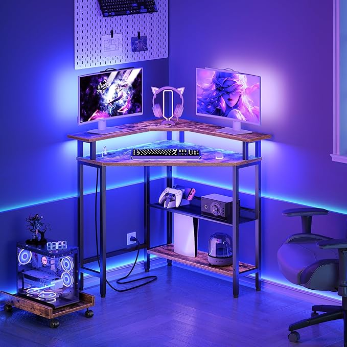 HOOBRO Corner Desk, Gaming Table with Charging Station and LED Strip, 90° Corner Computer Table, Mobile PC Holder, Adjustable Mesh Shelf, for Small Space/Home Office, Rustic Brown and Black BB70UDDN01 - LeafyLoom