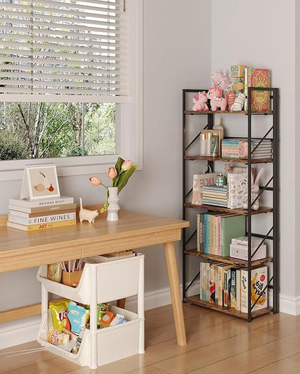 JSB No Assembly Folding Bookshelf, 5 Tier Industrial Metal Book Shelf for Storage, Vintage Wood foldable Bookcase for Living Room, Bedroom, Office Organization Shelves - LeafyLoom