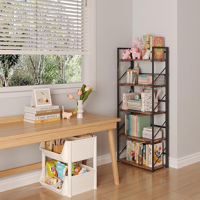 JSB No Assembly Folding Bookshelf, 5 Tier Industrial Metal Book Shelf for Storage, Vintage Wood foldable Bookcase for Living Room, Bedroom, Office Organization Shelves - LeafyLoom