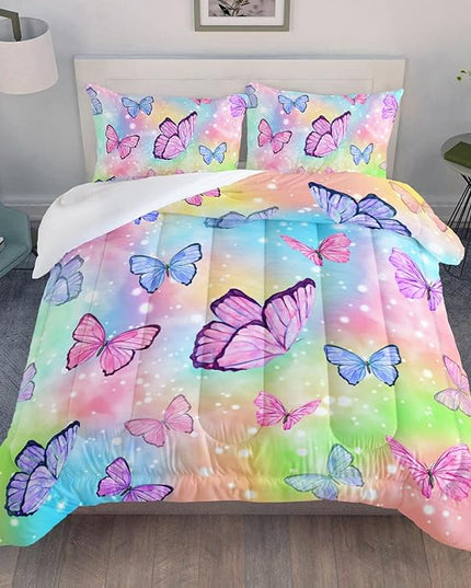 Datura home Bedding Comforter Set Rainbow Watercolor Printed Pattern Quilt Bedding Set with 1 Comforter and 2 Pillowcases for Girls Bedroom All Season(Butterfly Watercolor Twin) - LeafyLoom