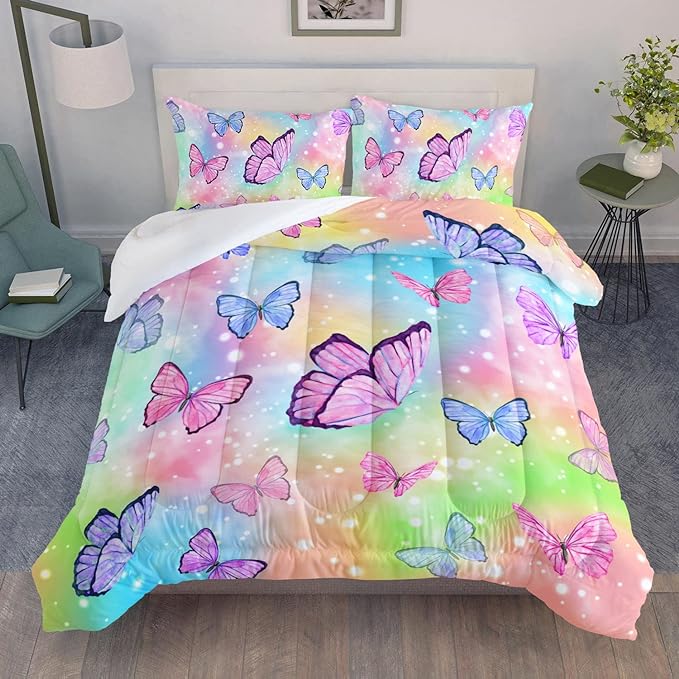 Datura home Bedding Comforter Set Rainbow Watercolor Printed Pattern Quilt Bedding Set with 1 Comforter and 2 Pillowcases for Girls Bedroom All Season(Butterfly Watercolor Twin) - LeafyLoom