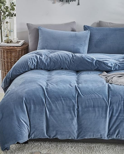 Wellboo Blue Velvet Comforters King Size Women Men Solid Lake Blue Fluffy Bedding Cotton Modern Plain Haze Blue Flannel Quilts Warm Winter Micromink Sherpa Blankets Aesthetic Plush Luxury Dorm Bed - LeafyLoom